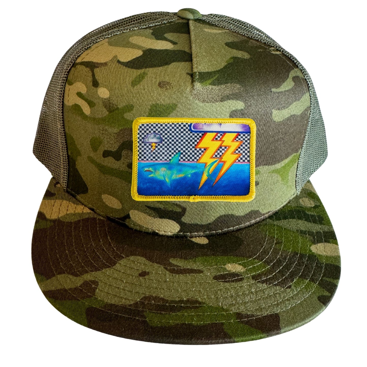 Camo Flat Bill Trucker Hat with Mesh Back + Mars Patch