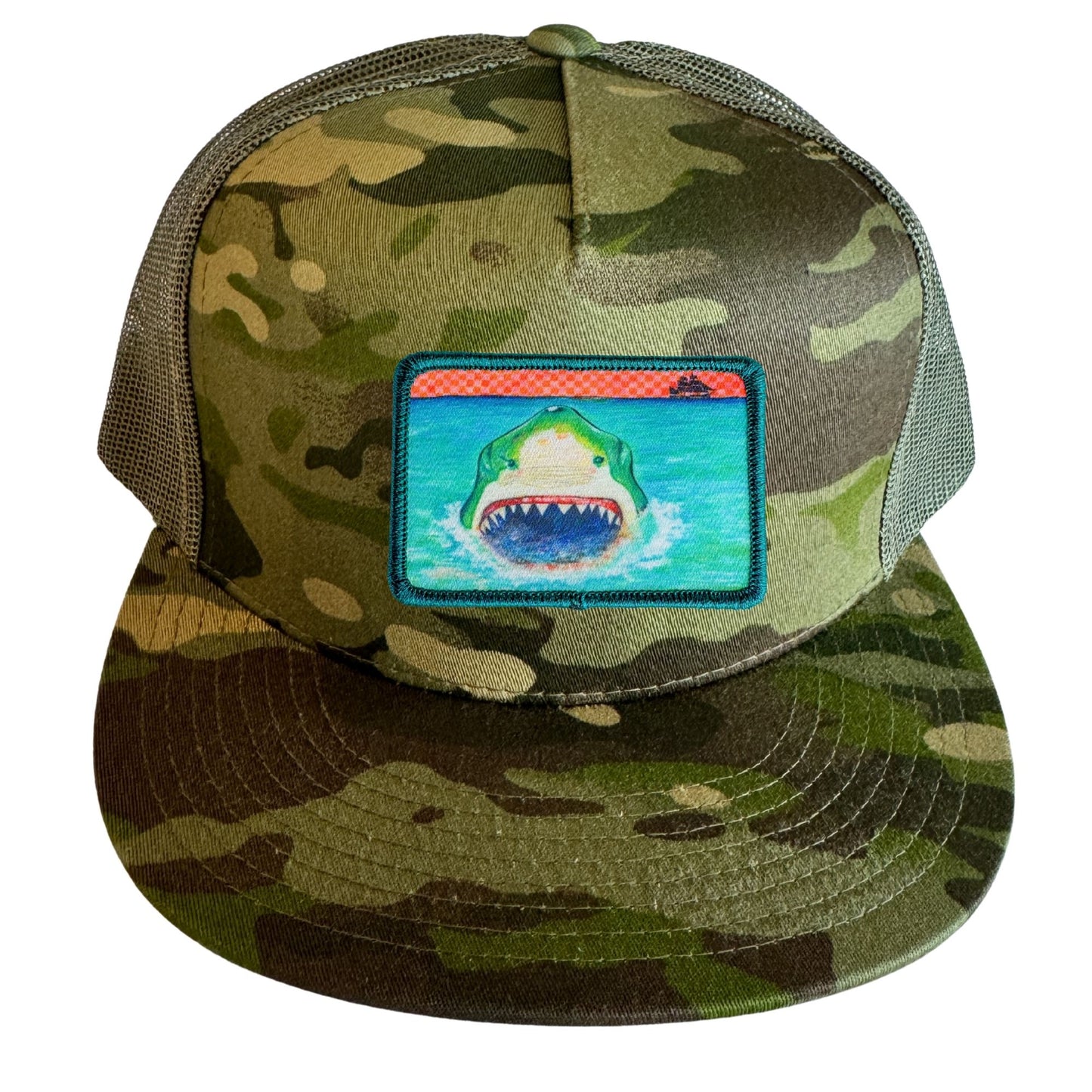 Camo Flat Bill Trucker Hat with Mesh Back + Mars Patch