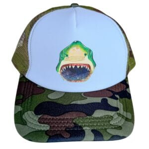 Camo and White Trucker Hat with Shark Head